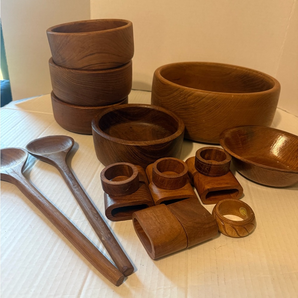 Wooden Dinnerware Serving Bowl and Utensil Set - Natural Brown